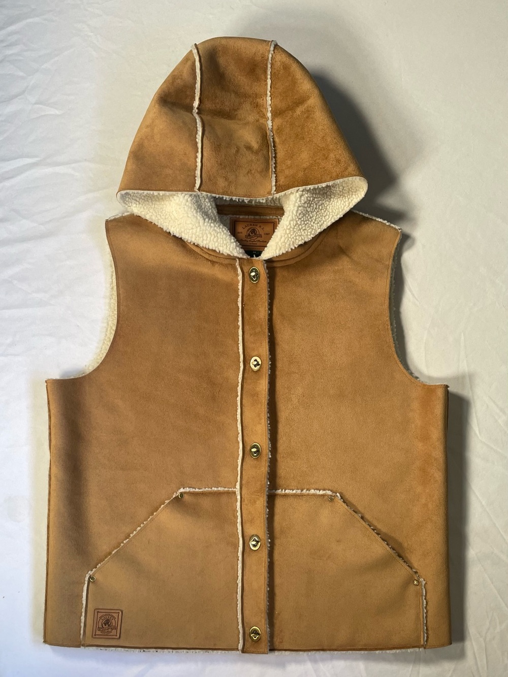 Lauren R.L. Hooded Faux Suede Sherpa Lined Vest Outdoors Brown Beige Size M